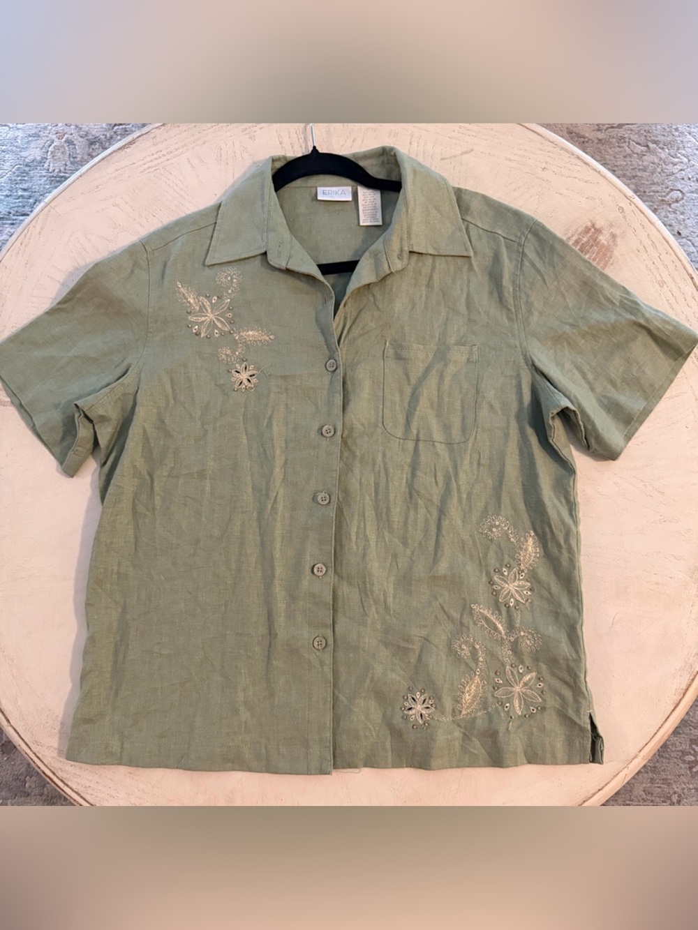 Erika sage green linen blend embellished floral button down top size medium